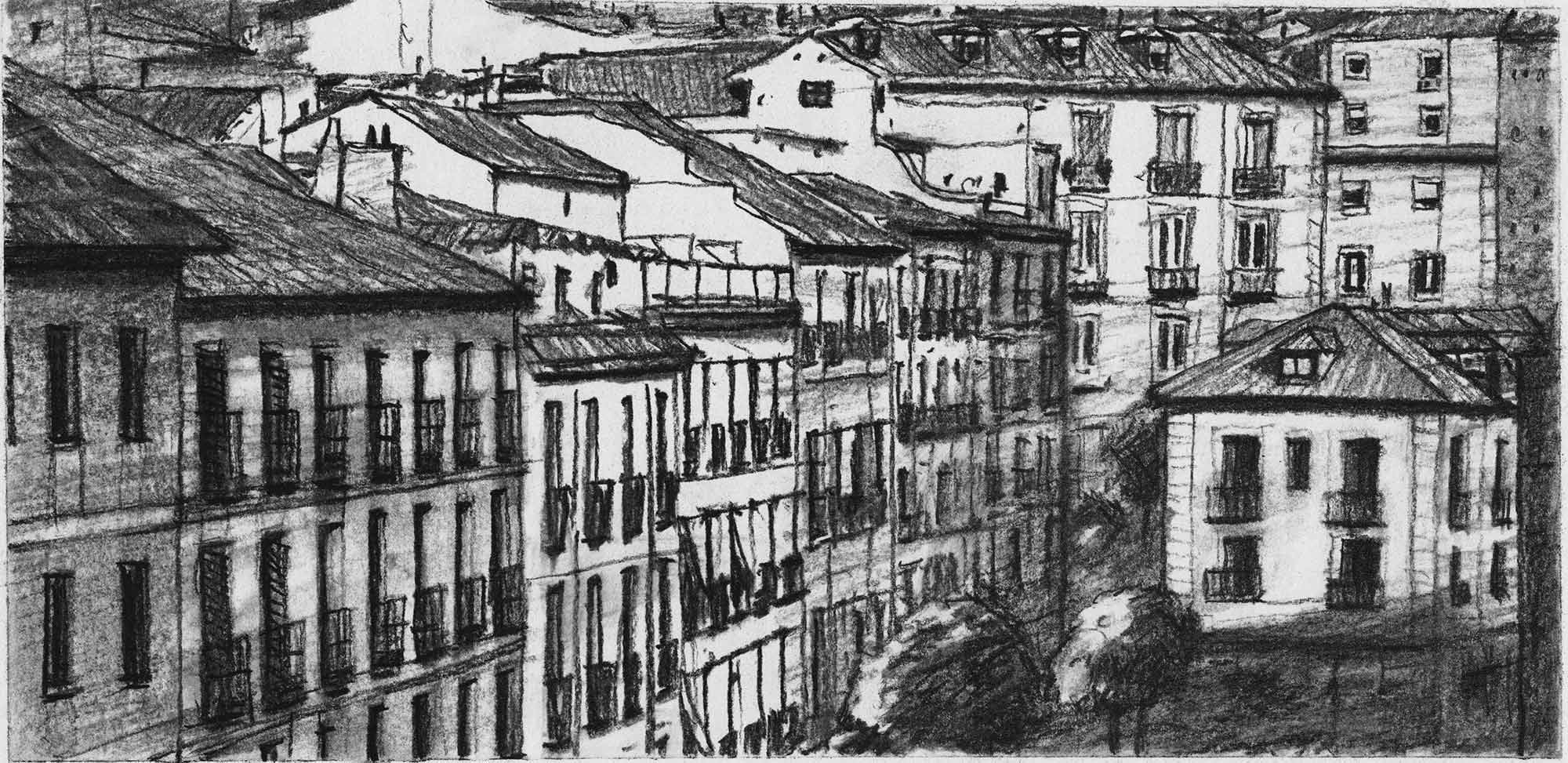 Vista aérea de la calle Segovia. Charcoal on paper, by Mario Jodra.